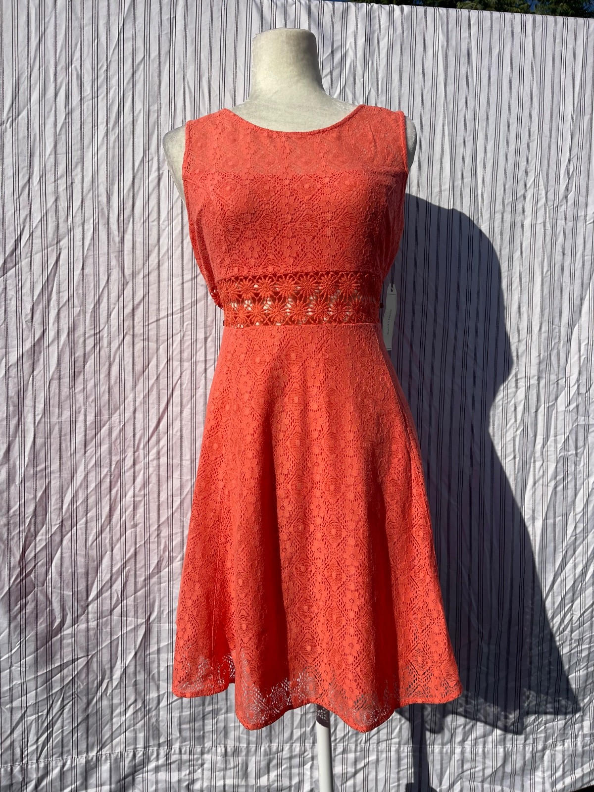NWT ~ ADAM LEVINE Bright coral sundress Sleeveless crochet lace dress ~ Womens L