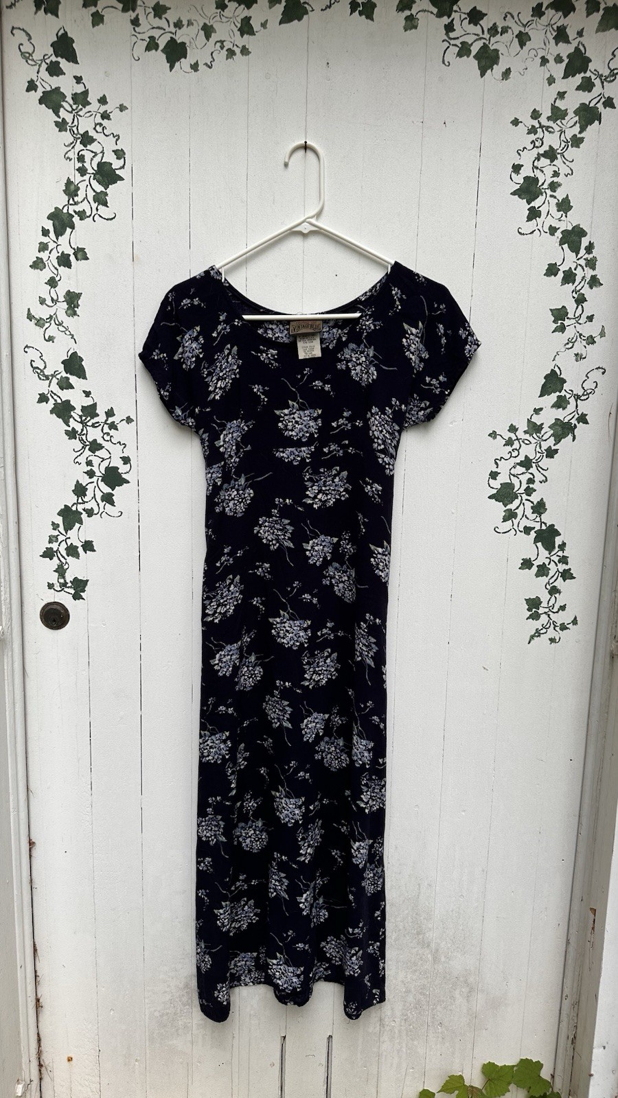 Vintage Blue Navy Blue and Hydrangea Cottagecore Midi Dress with Tie Detailing