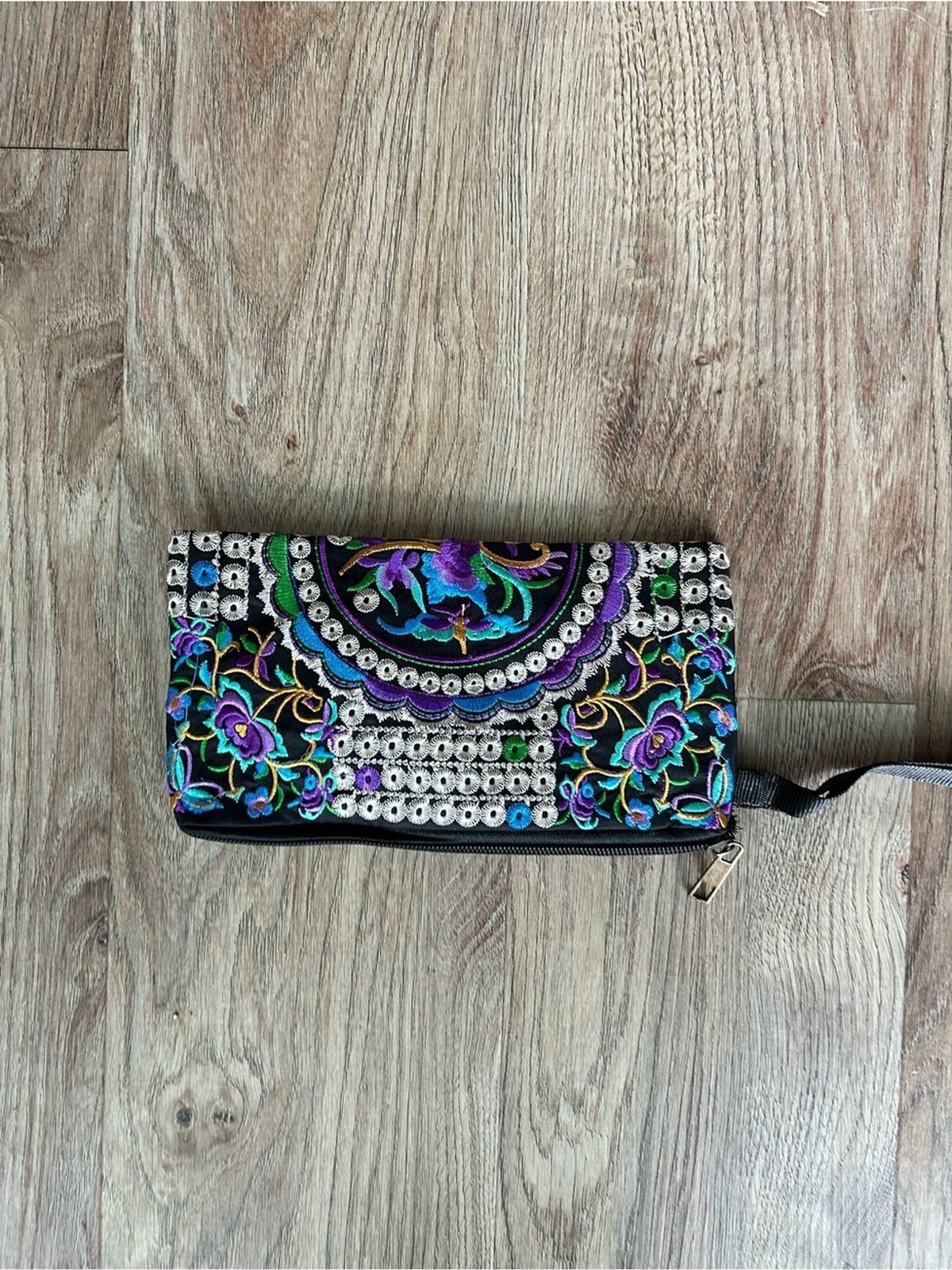 Embroidered boho Floral Clutch Wallet – Black with Purple & Teal