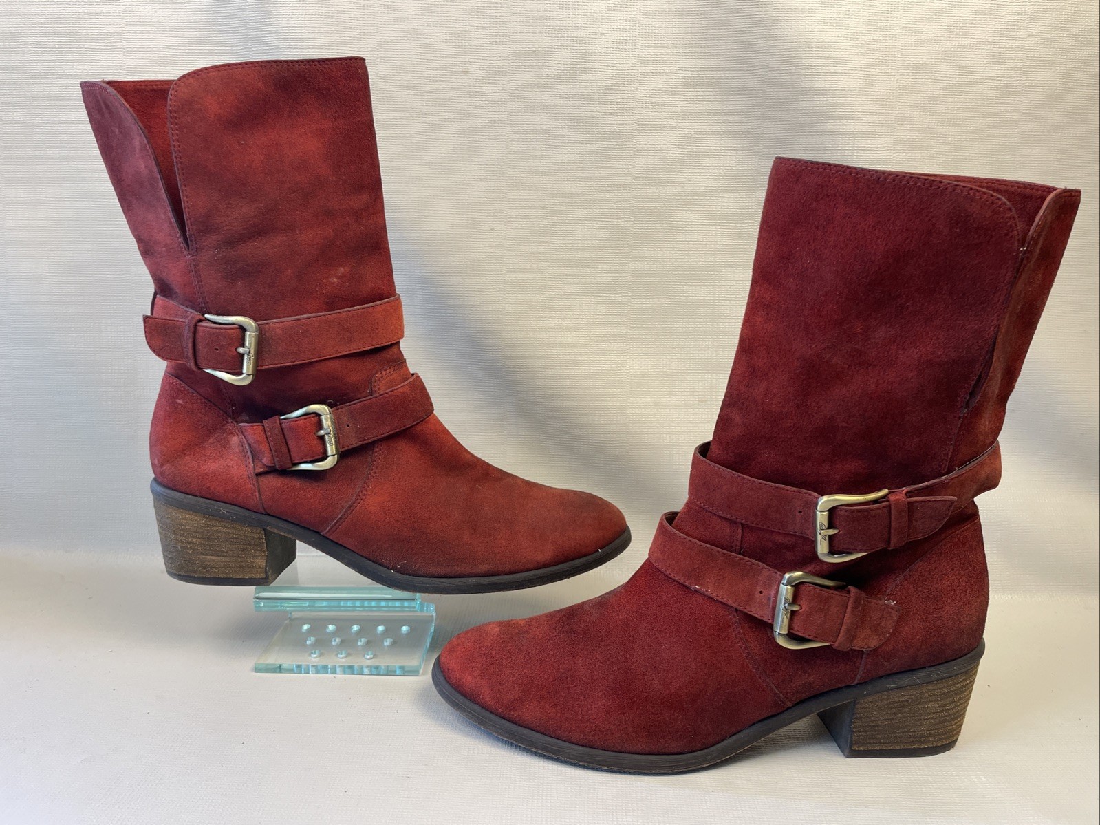 Donald J Pliner Moto Boot Size 10 M Mid Calf Distressed Red Suede Buckle Foldup