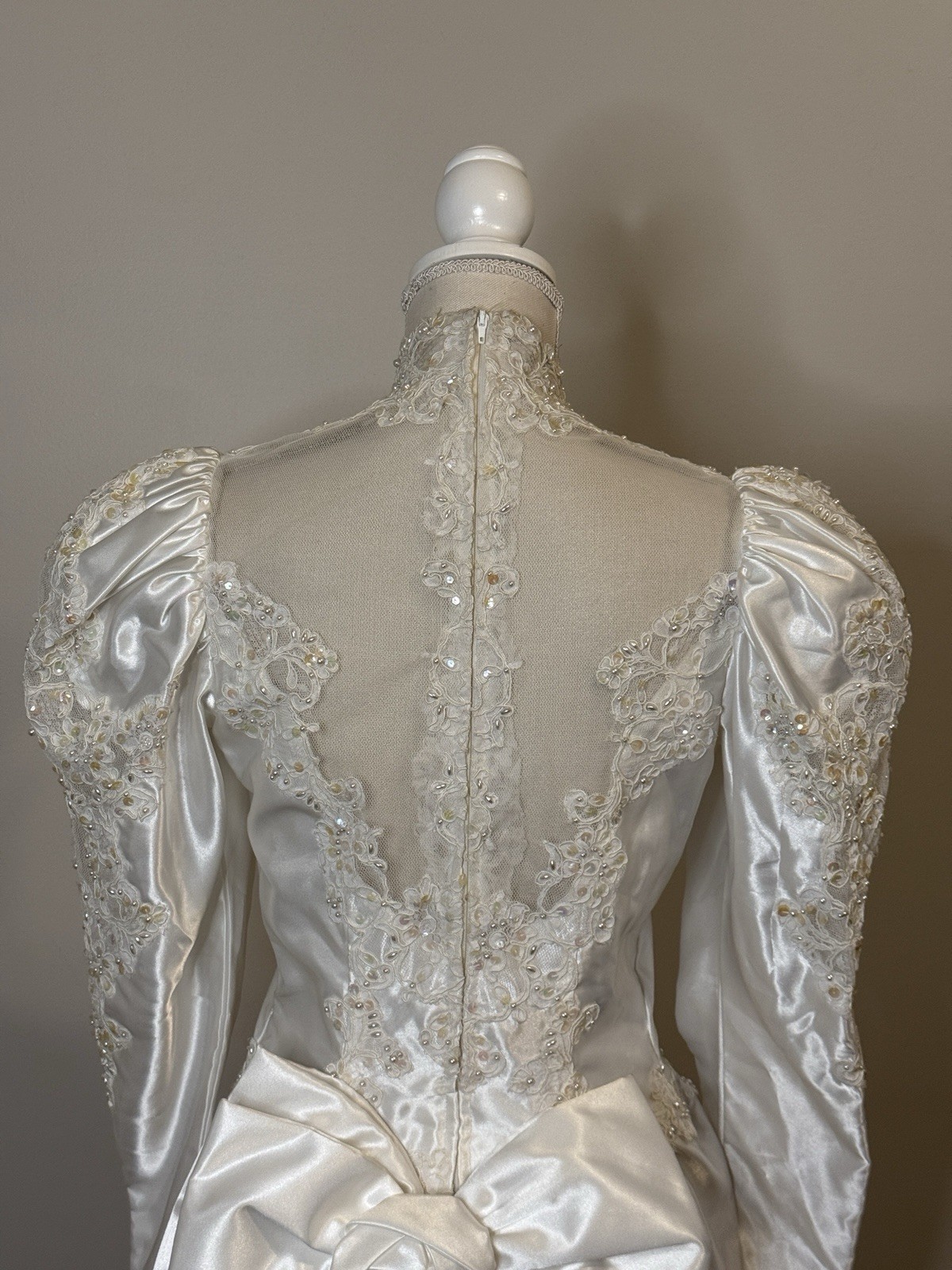 Vtg Mori Lee Satin Wedding Dress High Neck Puffed Sleeves Beading Lace Sz 8