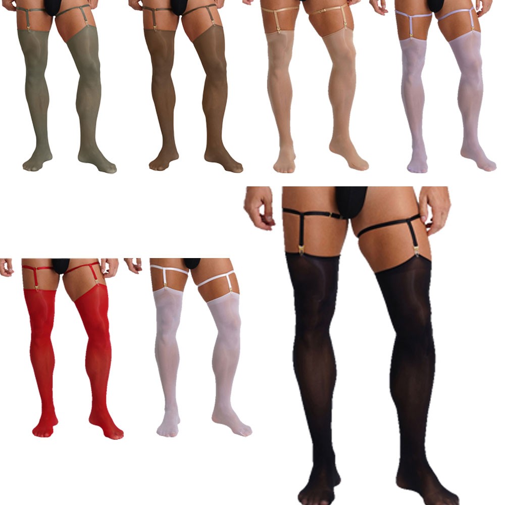 Mens Sexy Sissy Nylon Tights Sheer See Through Stockings Thigh High Suspender