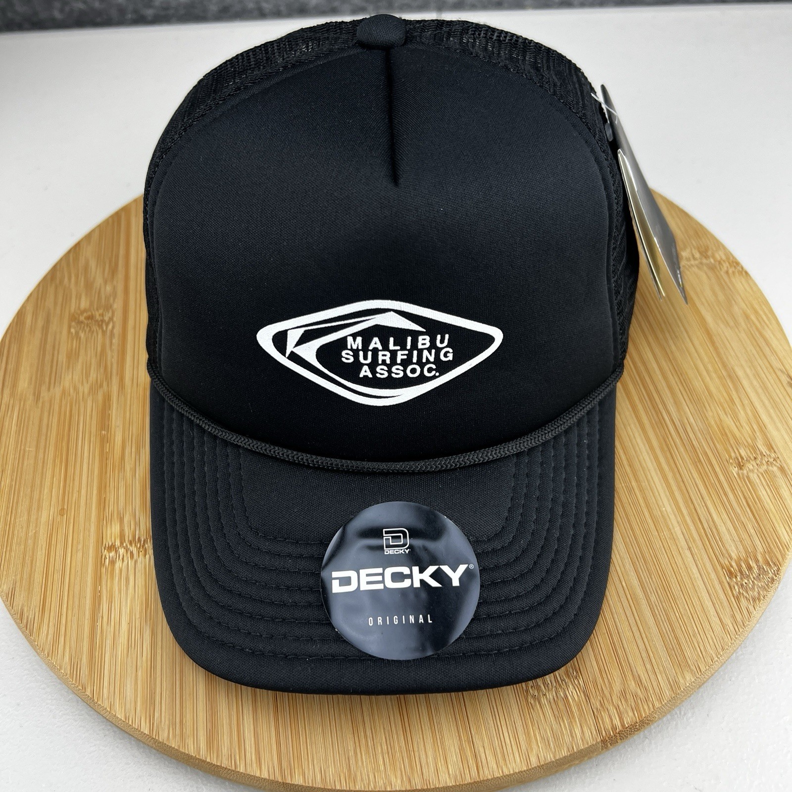 New Malibu Surfing Assoc. Trucker Hat Cap Snapback OSFM Decky Black Mesh Rope