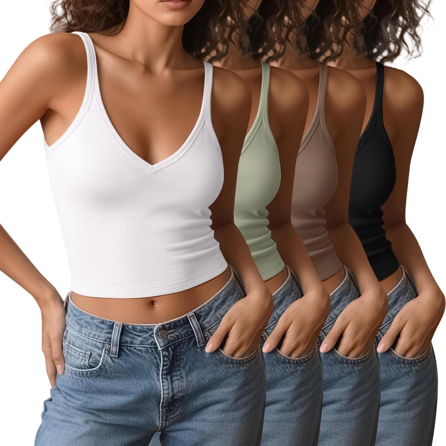 Womens V Neck Spaghetti Strap Crop Tank Tops 4 Pack Cotton Fitted Cami Summer