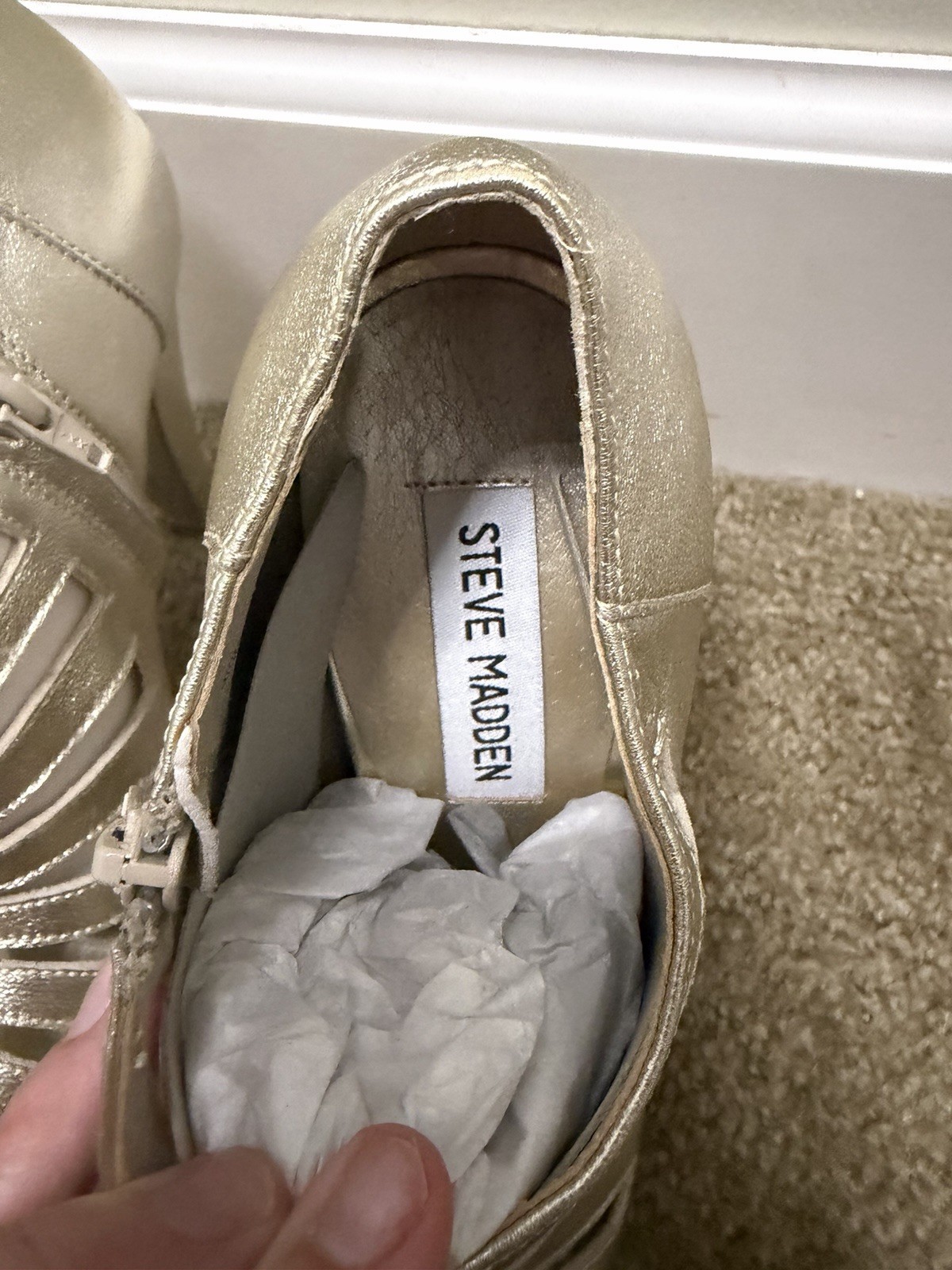 Steve Madden Women’s Gold Synthetic Cut-Out Zip Peep Toe Block Heels US 7