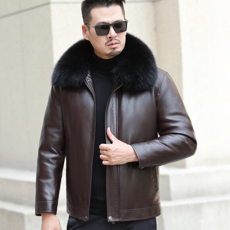 Mens Formal Elegant Faux Fur Collar Leather Loose Zipper Jacket Winter Down Coat