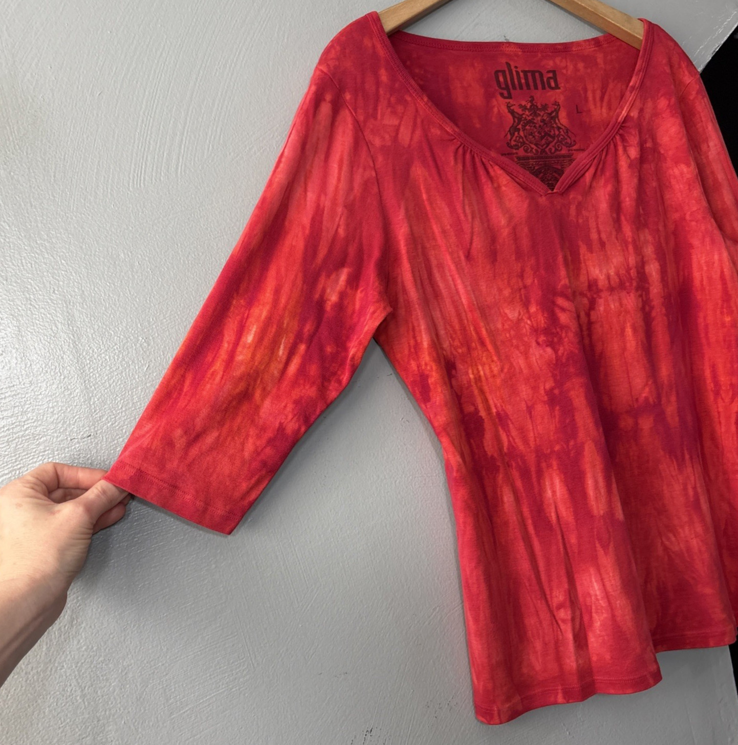 Glima Knit Top Size Large Orange Red Tie Dye Fitted Hippie Y2K Festival Grunge