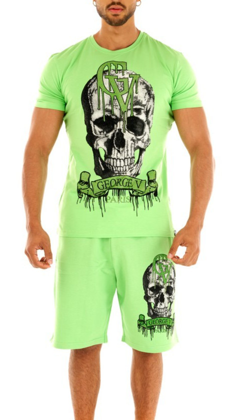 Avenue George V Paris Short Set Men’s Short Sleeve Green Rhinestone Skull XL