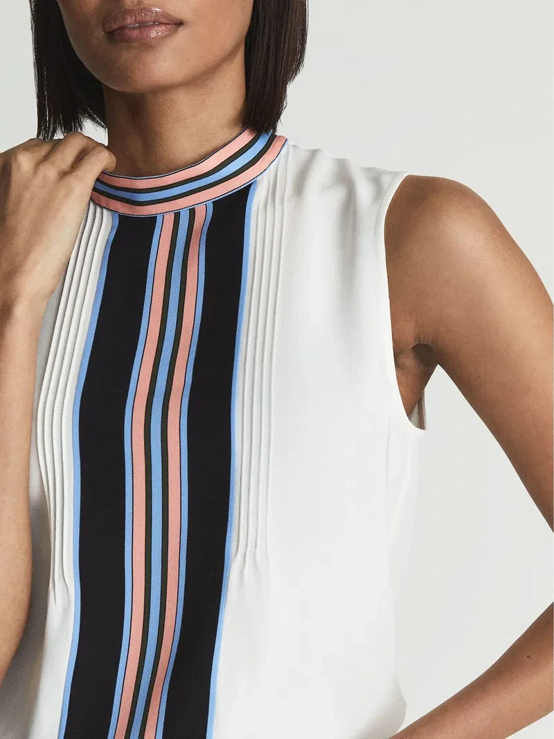 REISS White Blue Black Coral Stripe Pleated High-Neck Sleeveless Tank Top 8 US M