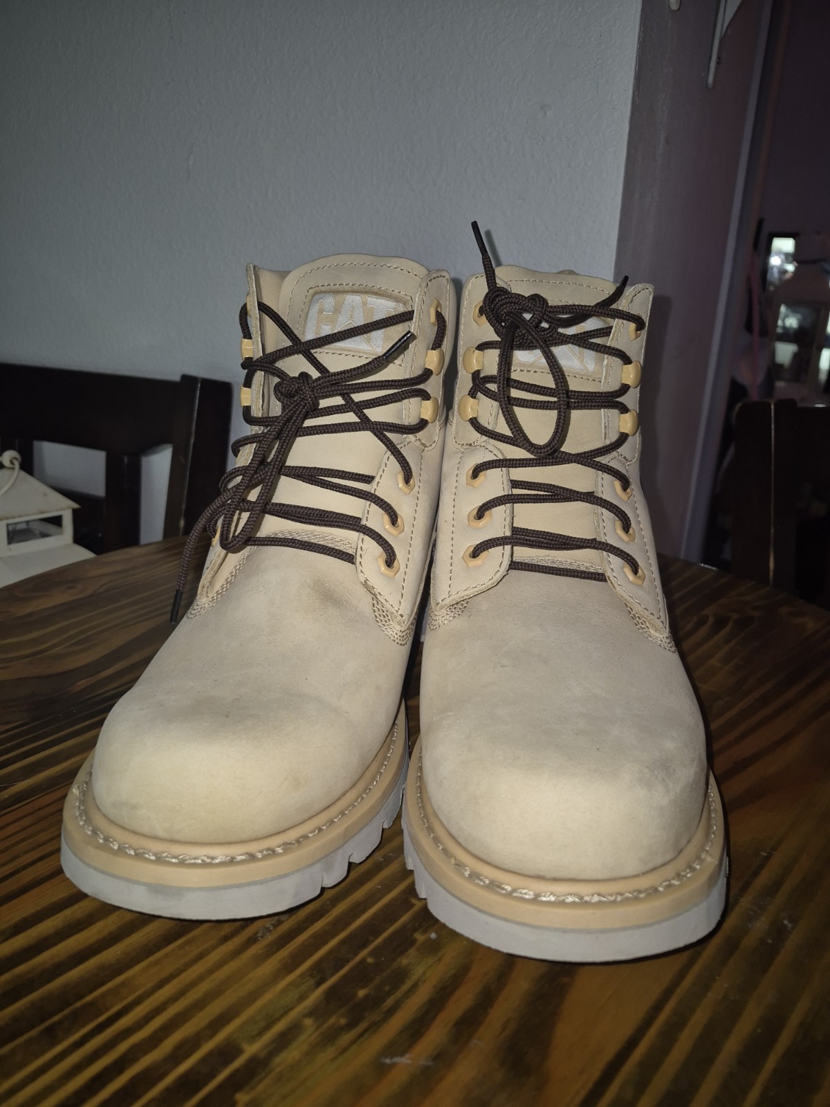 Caterpillar Men’s Beige Leather Lace-Up Work Boots Oil Resistant US 13