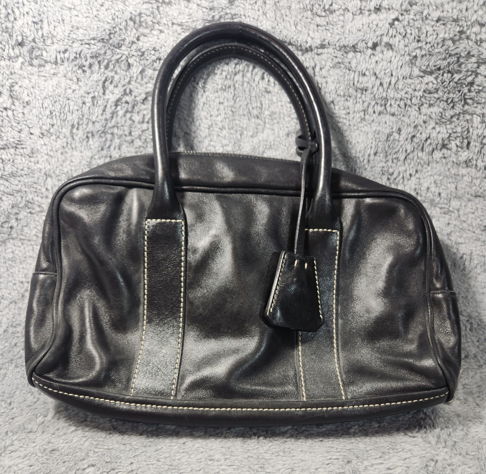 Authentic Prada Black Leather Top Handle Satchel Bag Purse Italy