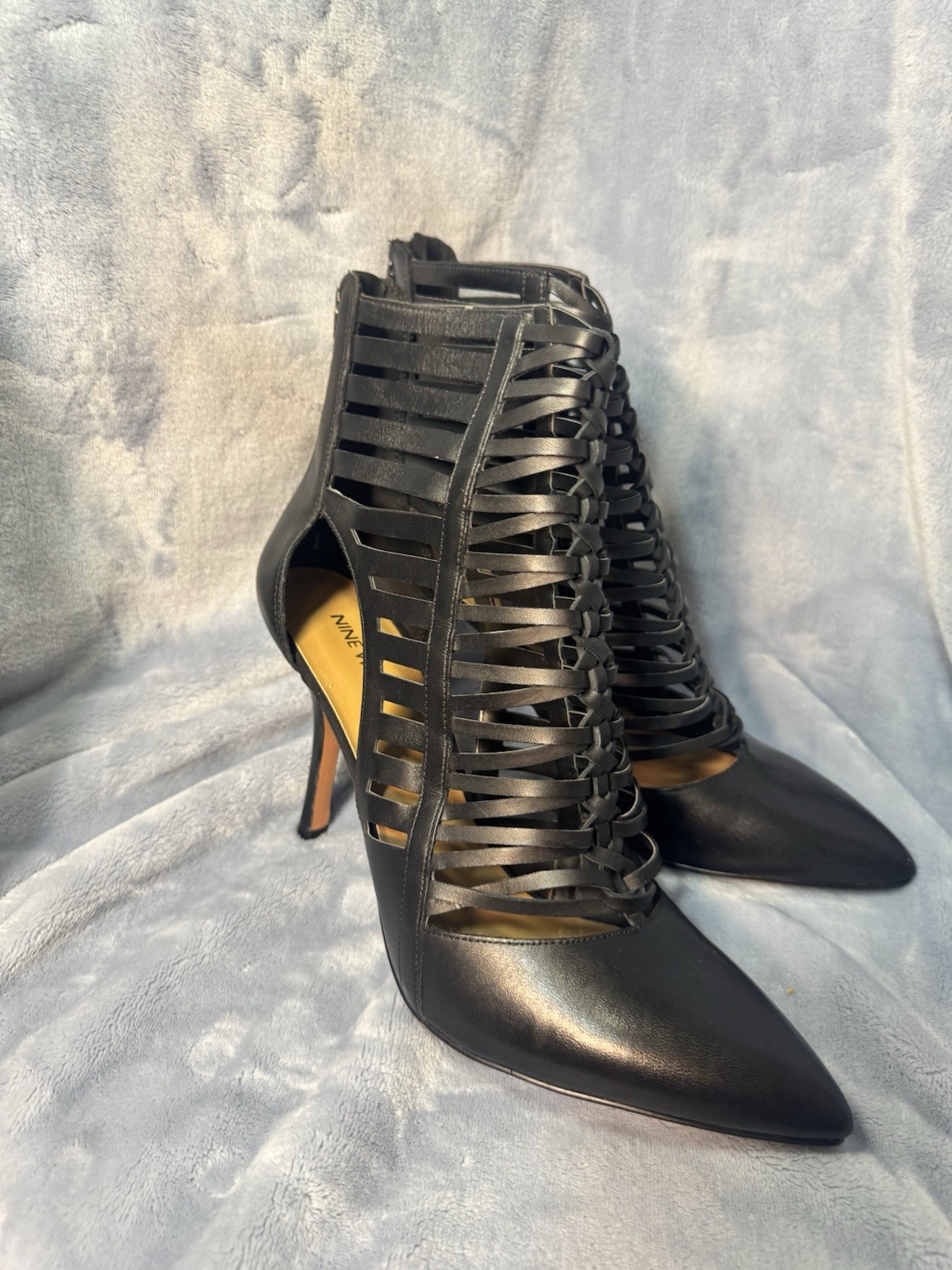 Nine West Women’s Black Leather Caged Strappy Pointed Toe Stiletto Heels Sz 12