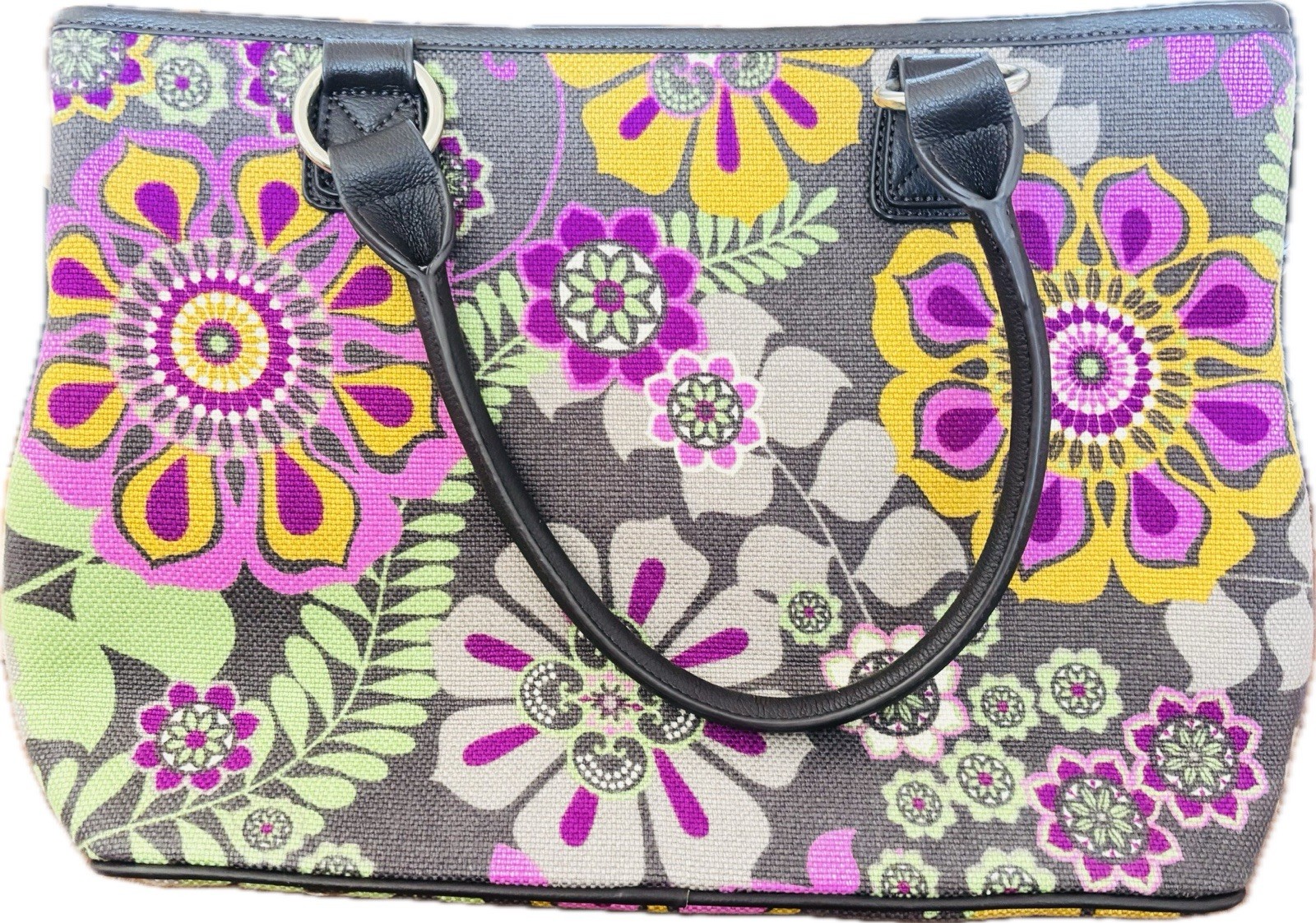 Spartina 449 Floral Multicolor Tote Zip Top Black Leather Double Handles Pockets