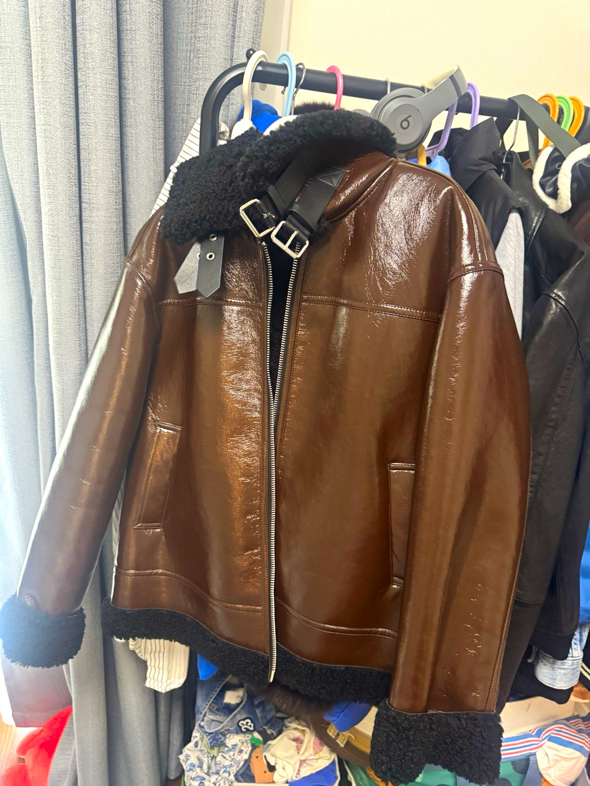 MNG Women’s Brown Faux Leather Biker Jacket Lined Buckle Zip Pockets Size L