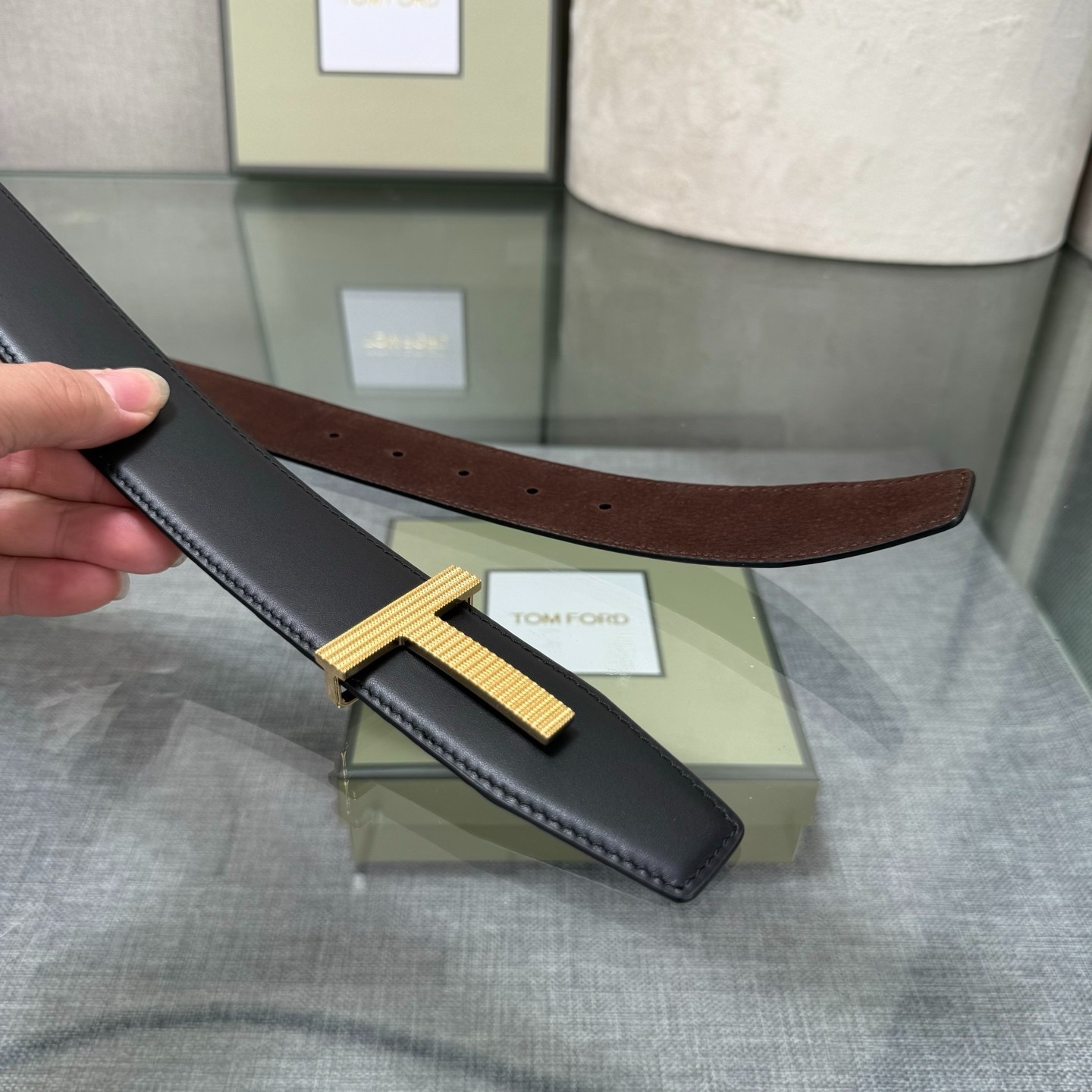 Authentic Tom Ford Reversible Leather T-Buckle Belt Luxury Designer Fashion