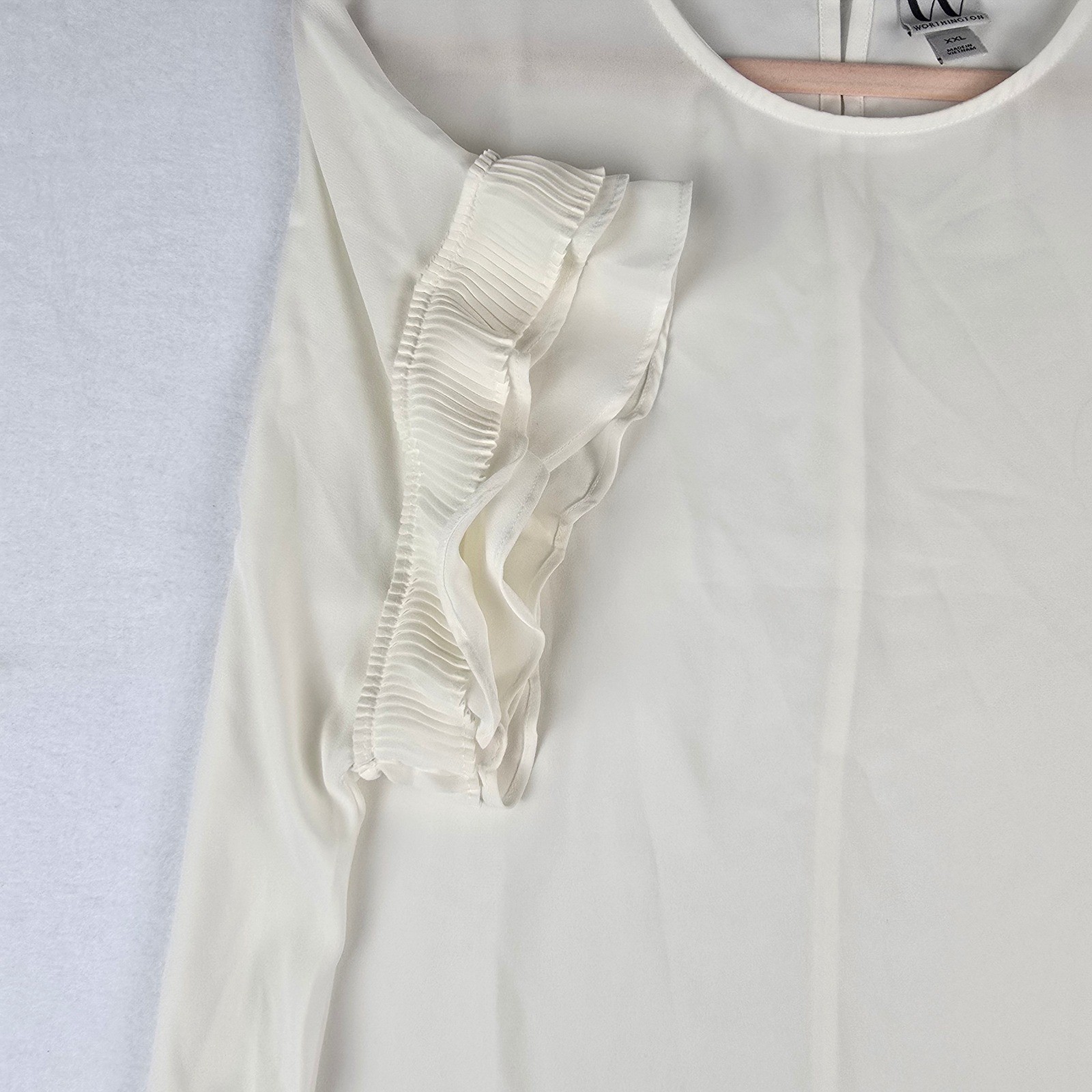 Worthington Pleated Ruffle Sleeve Blouse Women XXL Cream Round Neck Keyhole Back