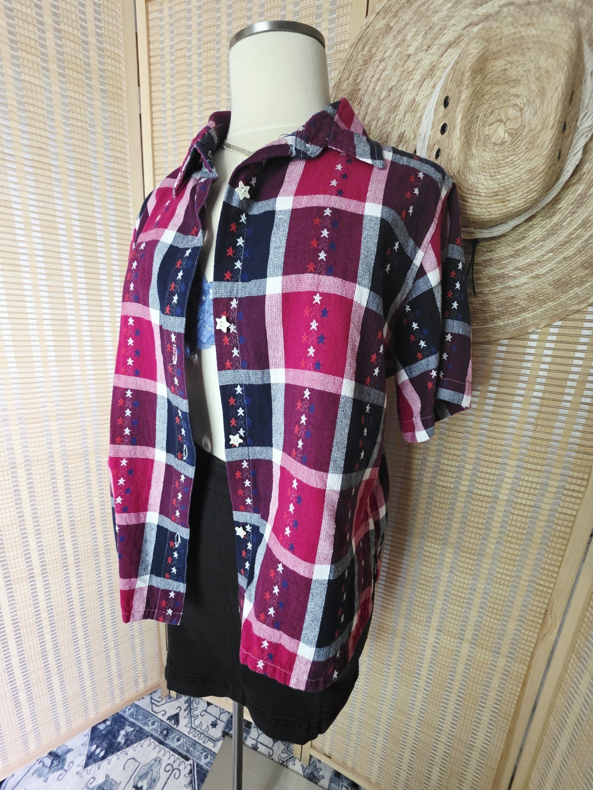 100% Cotton Red White & Navy Blue Plaid Shirt w/ Embroidered Stars, Star Buttons