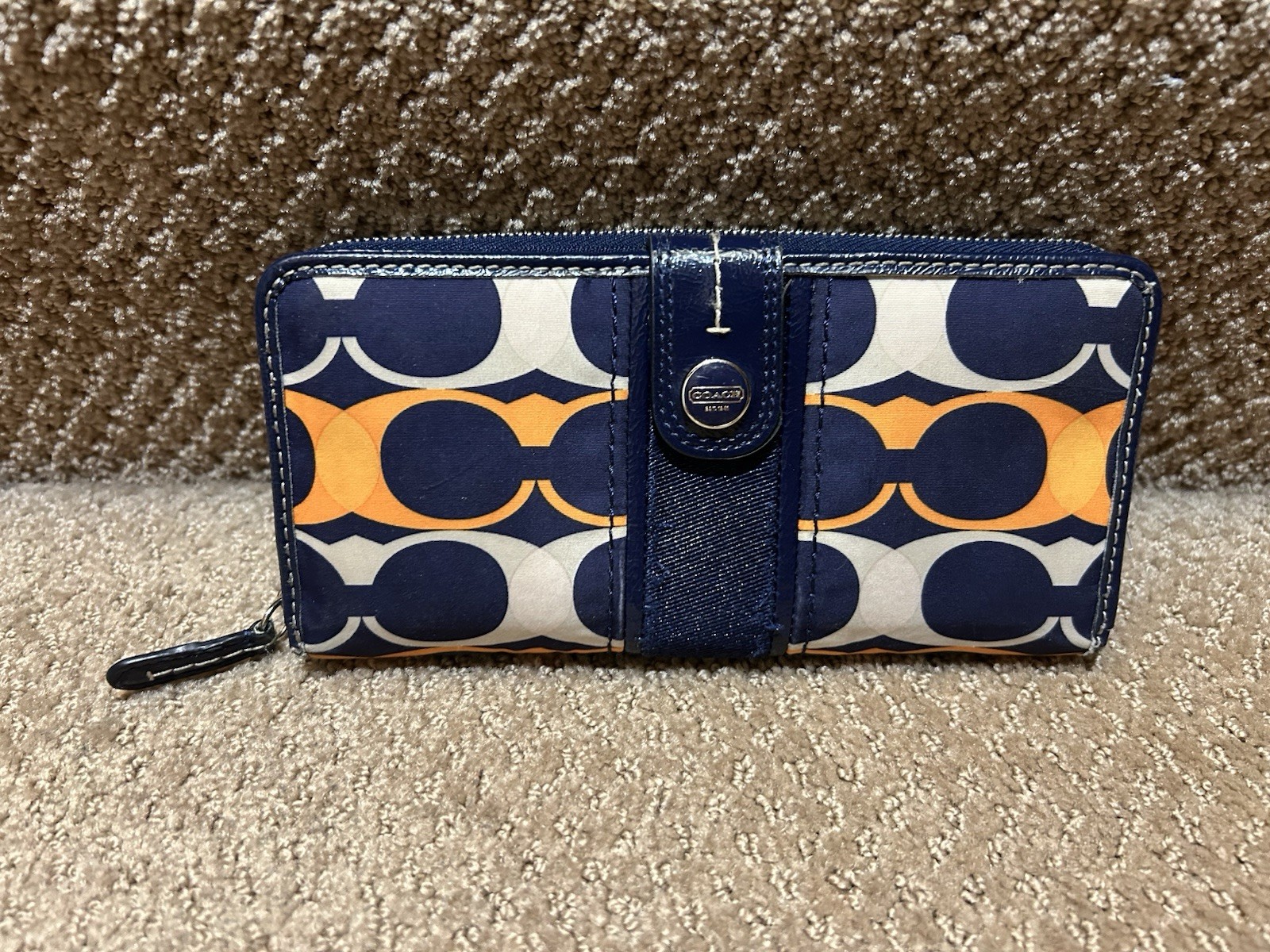 Coach Navy Orange White C Signature Zip Wallet. Scarf Print Window Coin Purse Vg