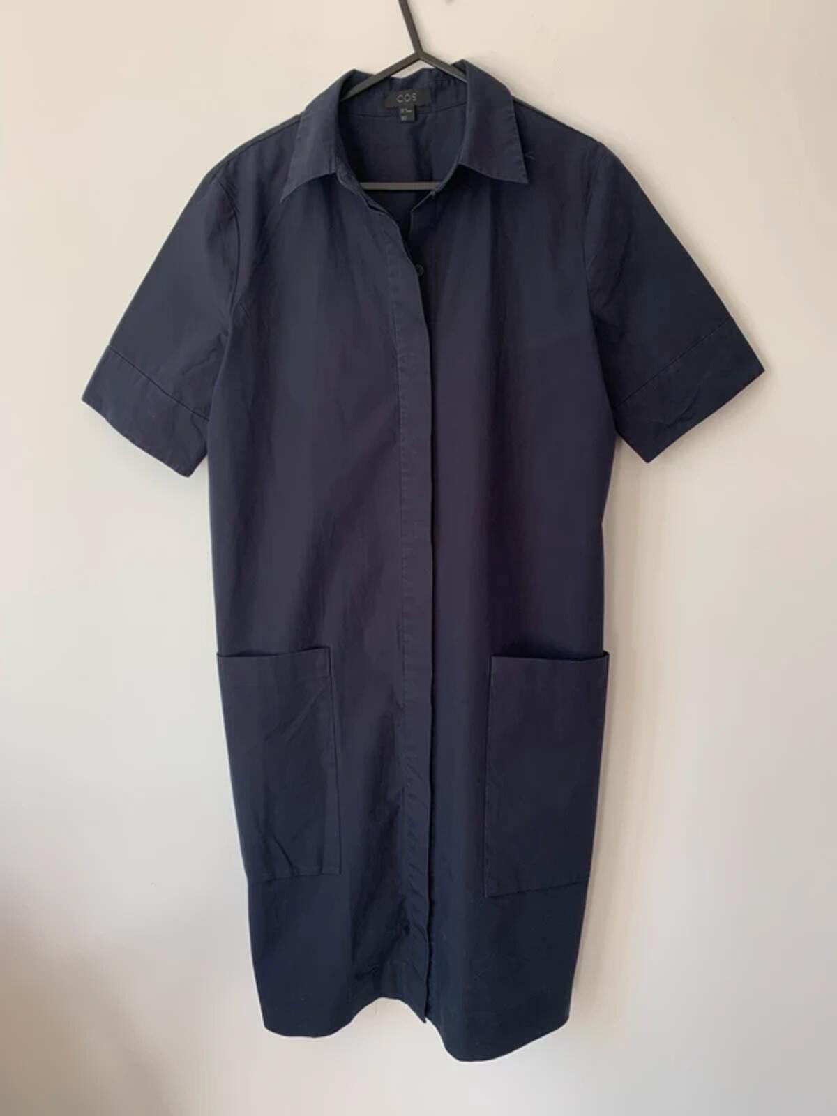 COS Navy Blue Cotton Shirt Dress Size 38 UK 12 Short Sleeve Utility Pockets LN