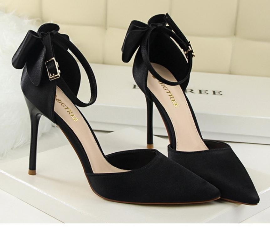 Chic Womens Faux Satin Sandals Bowknot High Heels Pointed Toe Casual Dress Shoes