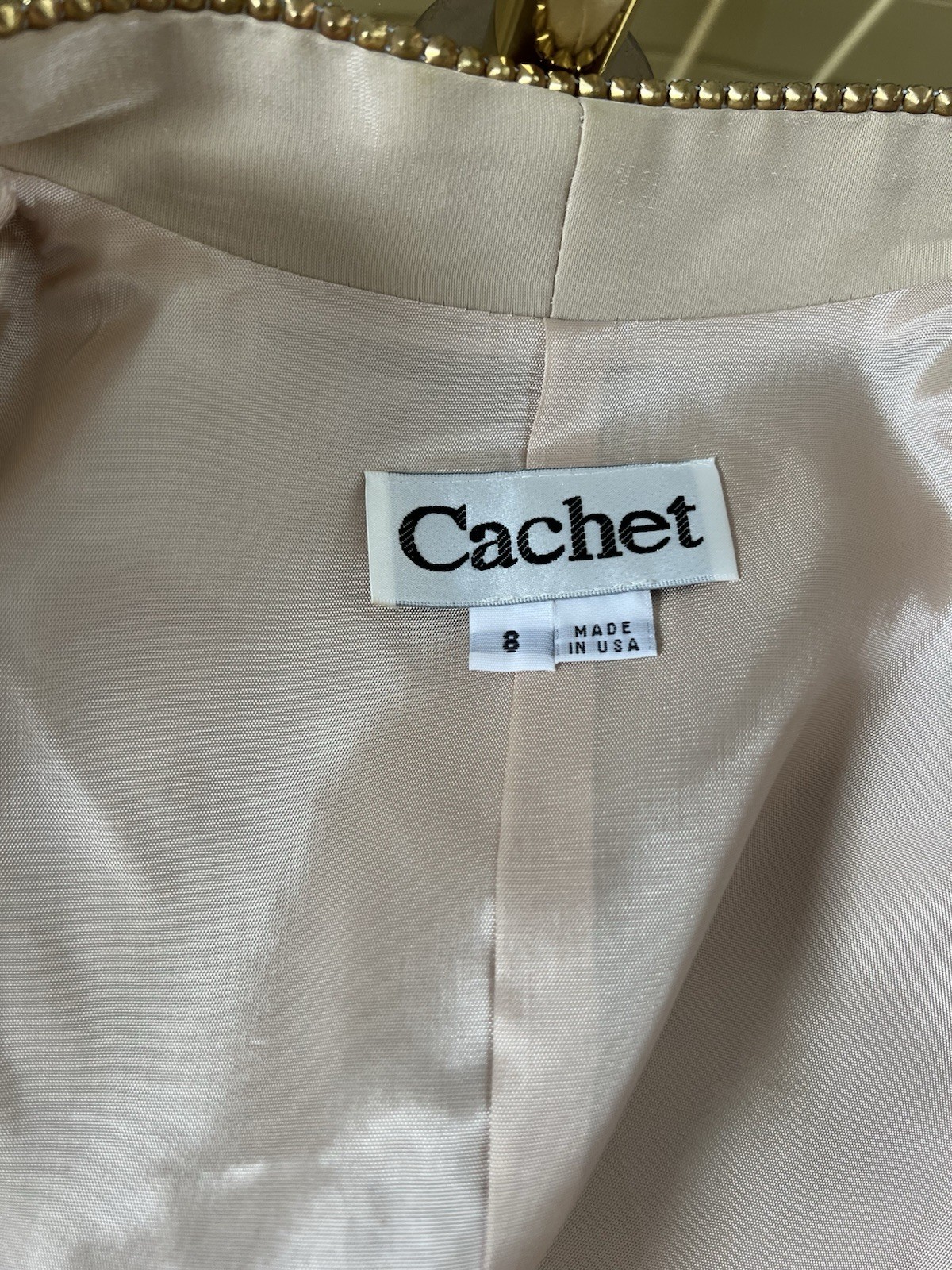Vintage Cachet Blazer Jacket Ivory Beige One Button Rhinestone Satin Size 8