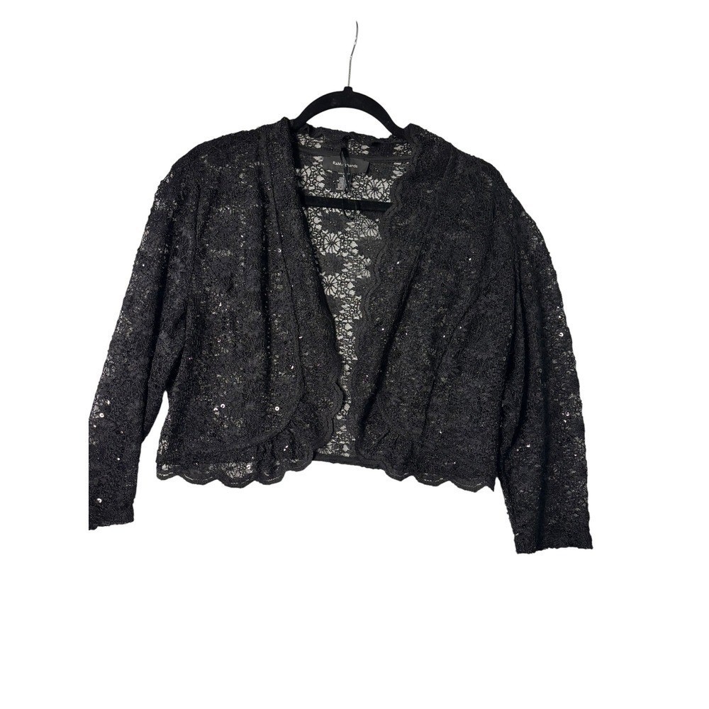 R&M Richards Black Floral Lace Sequin Bolero Shrug Jacket Cropped Cardigan L