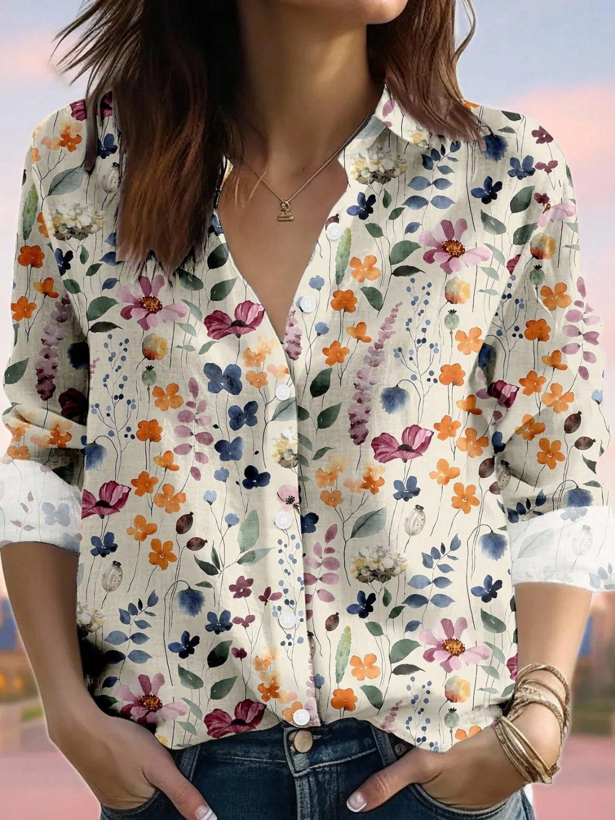 Pastel Wildflower Floral Women Blouse Botanical Spring Casual Lightweight Top