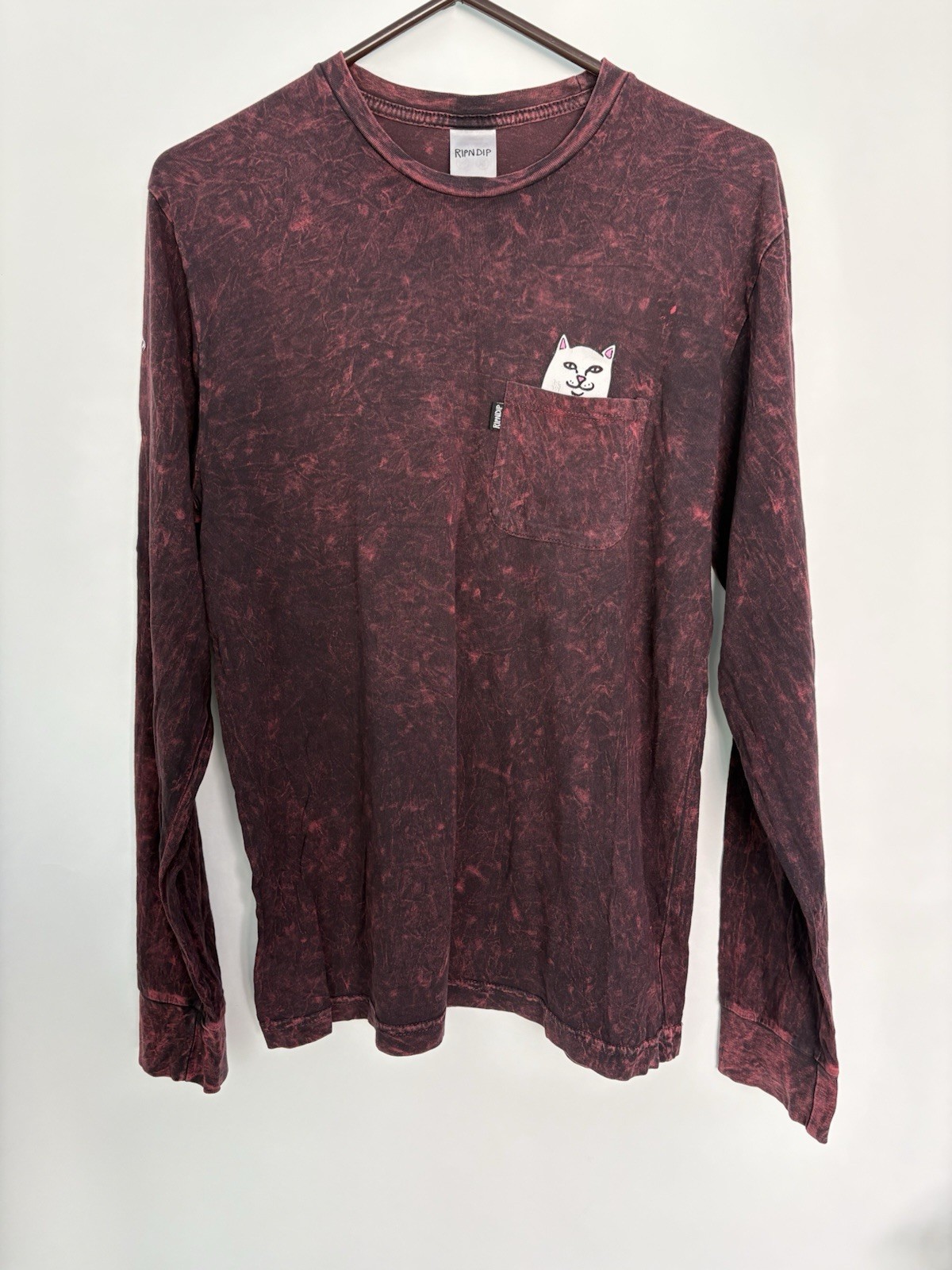 RIPNDIP Lord Nermal Shirt Men Pocket Tee Burgundy Forest Wash Long Sleeve Size M