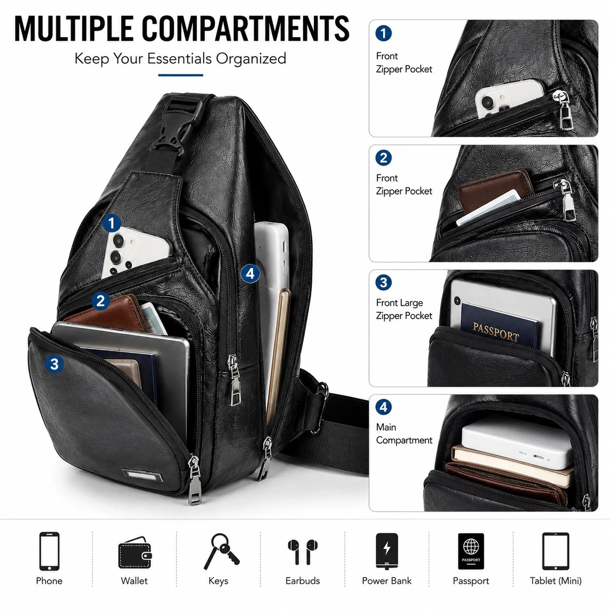 Black Chest Crossbody Bag Sling Backpack for Men with USB Charge Port