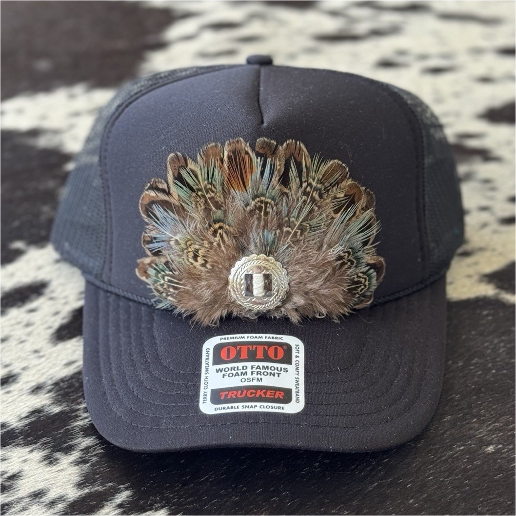 Otto Black Trucker Hat Mesh Back Adjustable Feather Patch Cap One Size