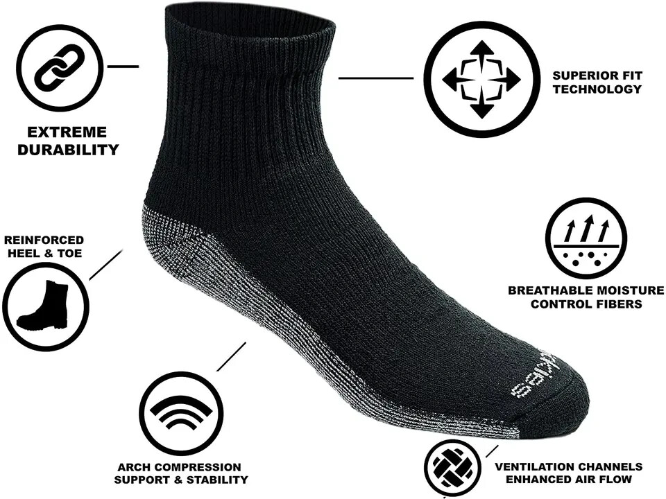 Dickies Men’s 6 Pack Dri-Tech Comfort Quarter Socks Black Fits Shoe Size 6-12 US