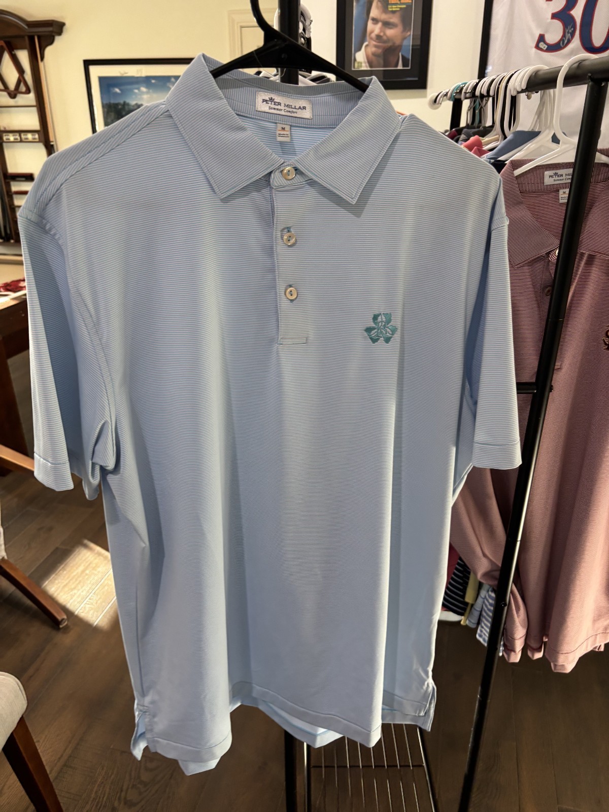 Peter Millar Summer Comfort Polo Mens Medium Ballyneal Golf Club Blue Pink Strip
