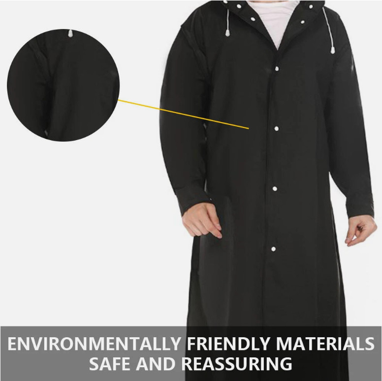 Men Black Waterproof Long Raincoat Hooded Trench Jacket Outdoor Hiking Rain Coat