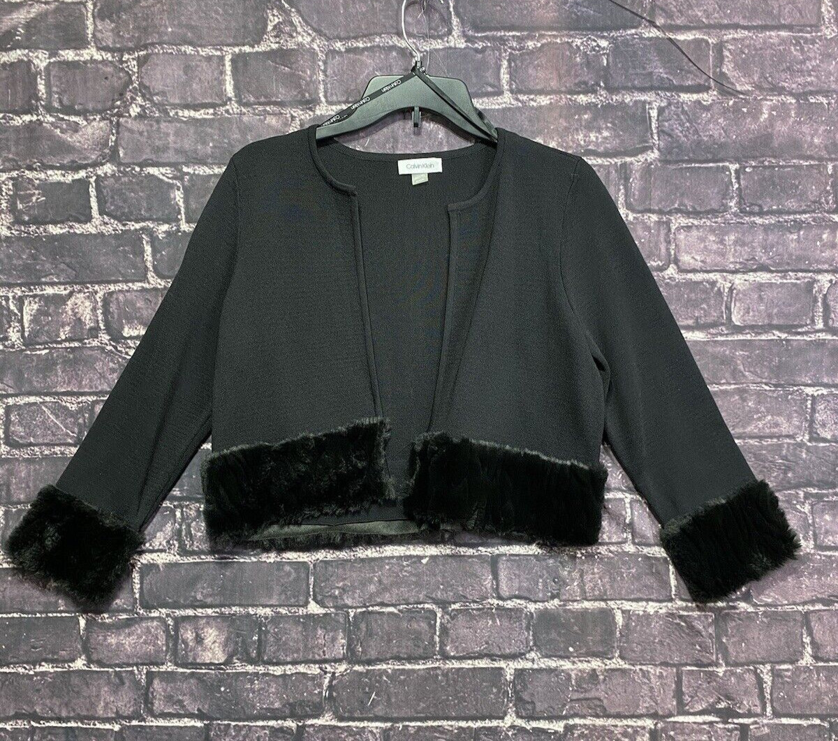 Calvin Klein Open Front Sweater Jacket Womens Medium Faux Fur Trim Formal Party