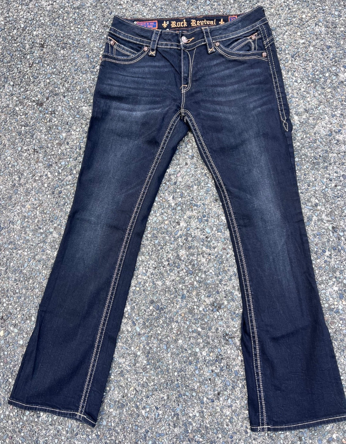 Rock Revival Women’s Black Bootcut Jeans 32×33 Low Rise Y2K Copper Stitch