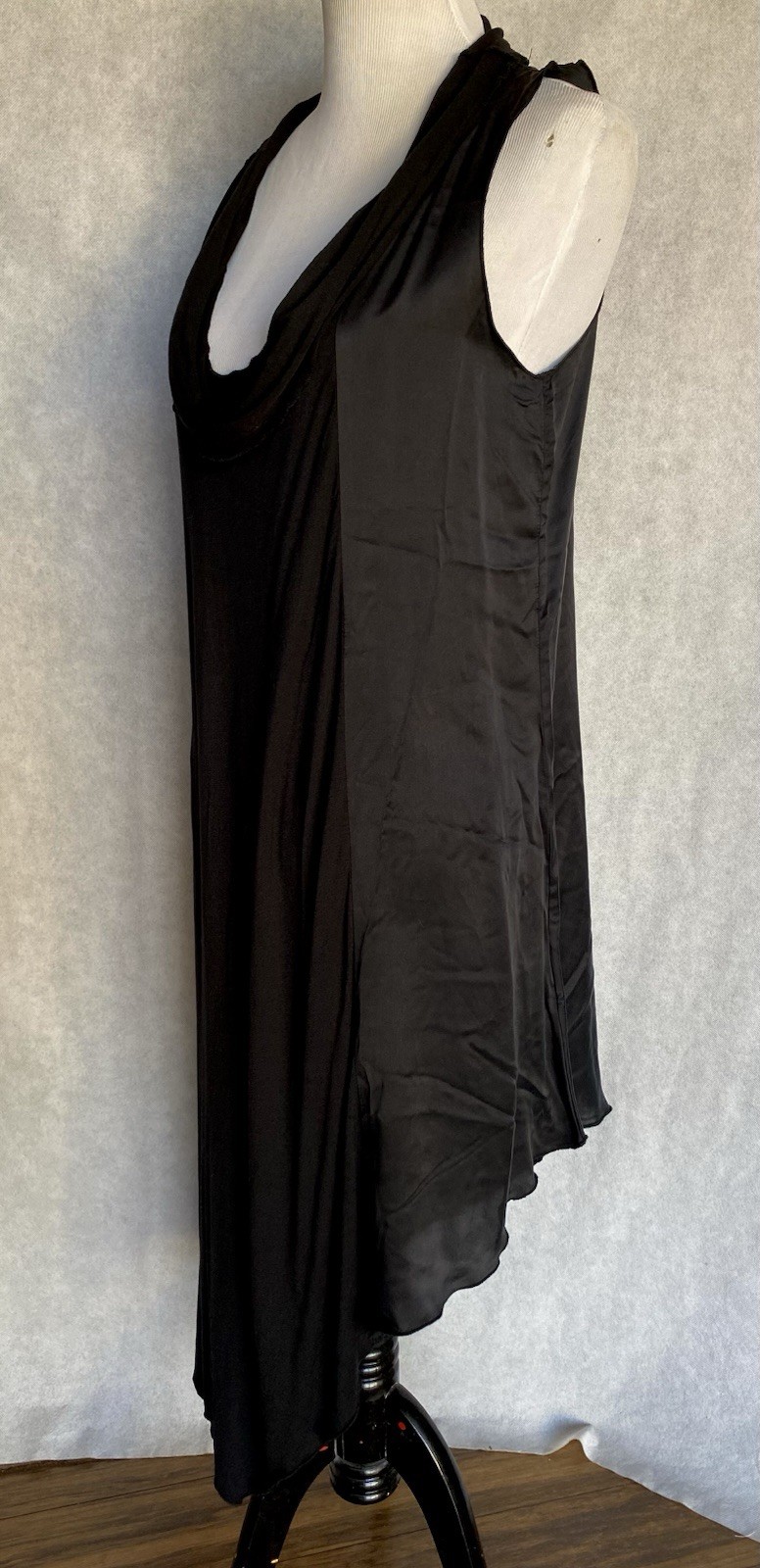 MY TRIBE Size L Black Asymmetric Cowl Neck Sleeveless Silky Side Panel Dress NWT