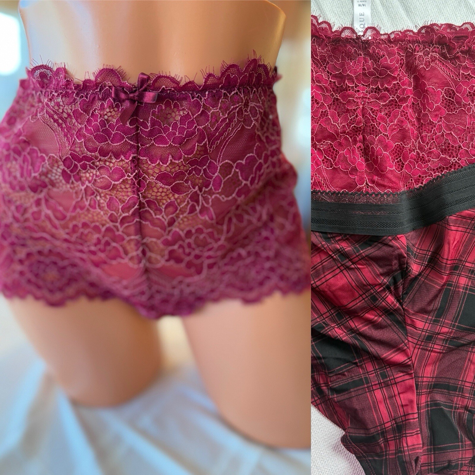Set 2 Cacique Panties High Cut Lace Berry & Red Black Plaid Boyshort 14 16 XXL
