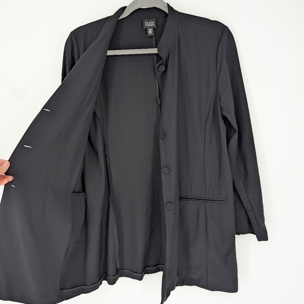 Eileen Fisher Jacket Tropical Viscose Wool Blend Black Medium System Minimalist