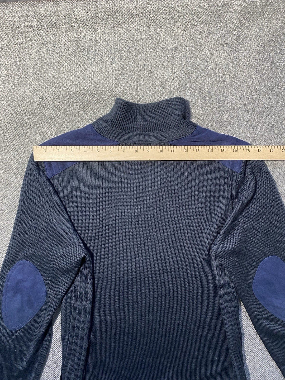 Hugo Boss Sweater Mens L Navy Quarter Zip Wool Elbow Patch Knit