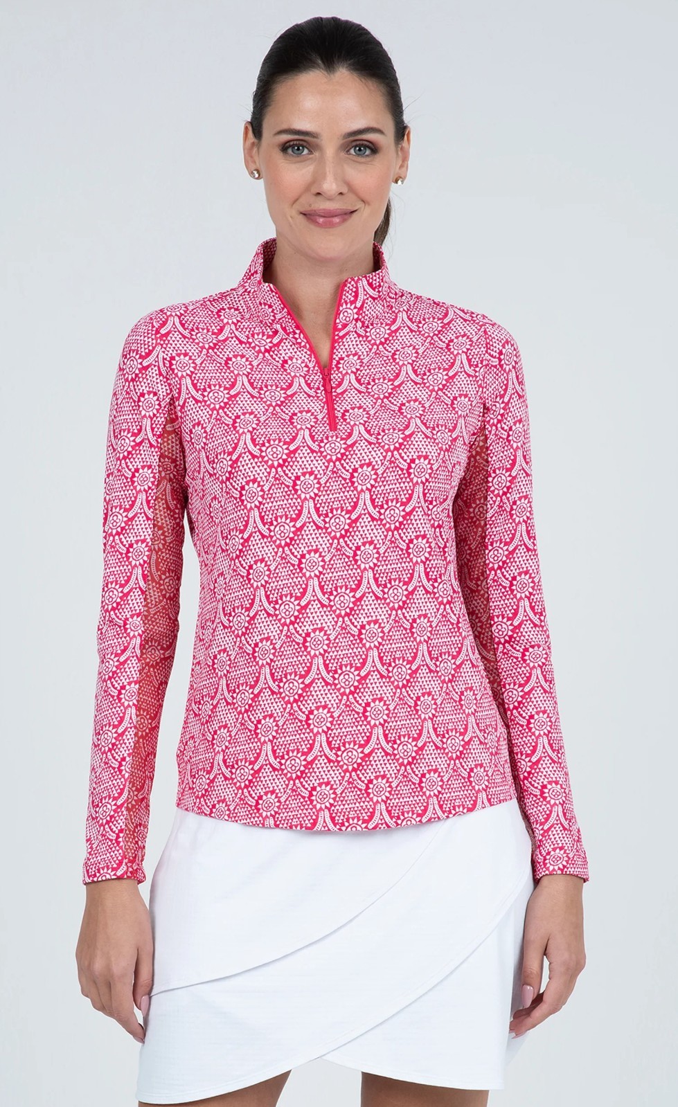 NWT IBKUL LESLIE WATERMELON & WHITE Long Sleeve Mock Golf Shirt S M L XL XXL