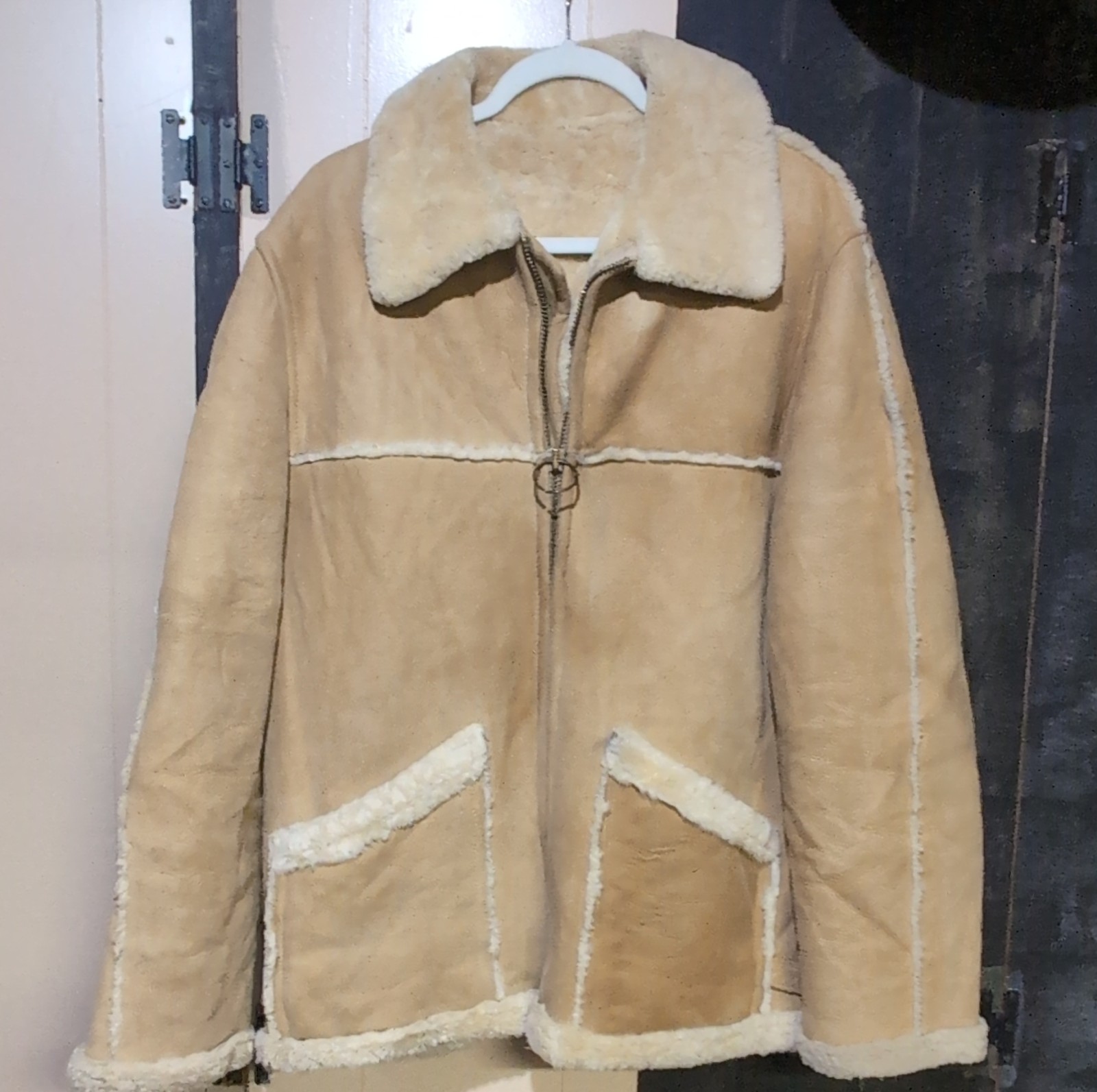 Saks Fifth Avenue Shearling Suede Jacket Fur Trim Buckle Beige Long Sleeve 42