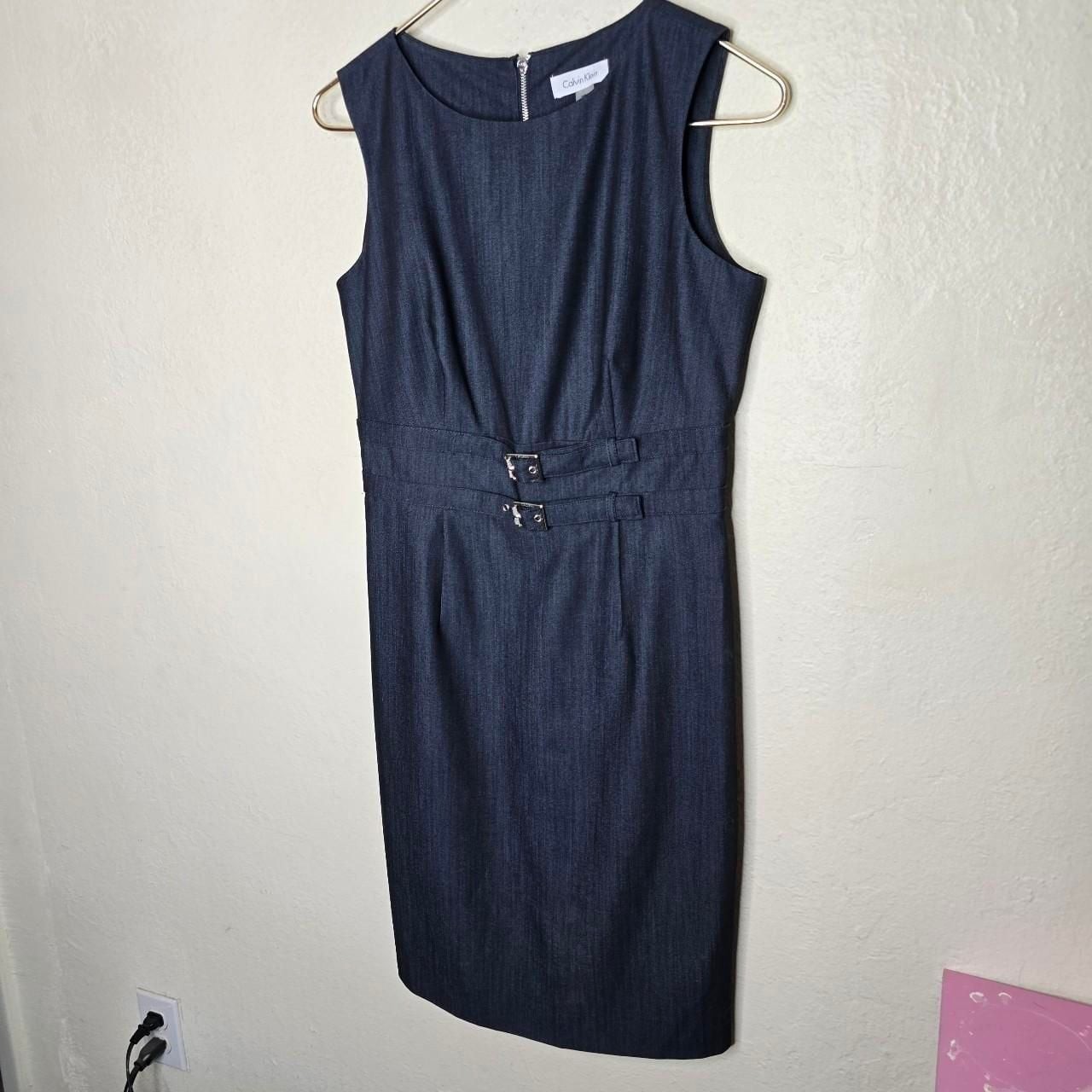 Calvin Klein Sleeveless Navy Blue Denim Buckle Waist Sheath Dress