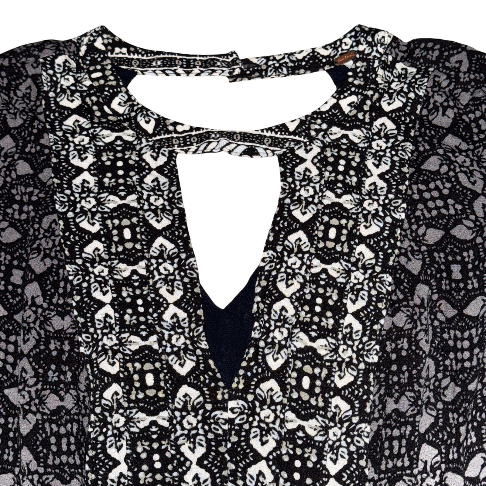 Free People Tegan Border Printed Mini Dress Womens Sz 10 Black White L/S Keyhole
