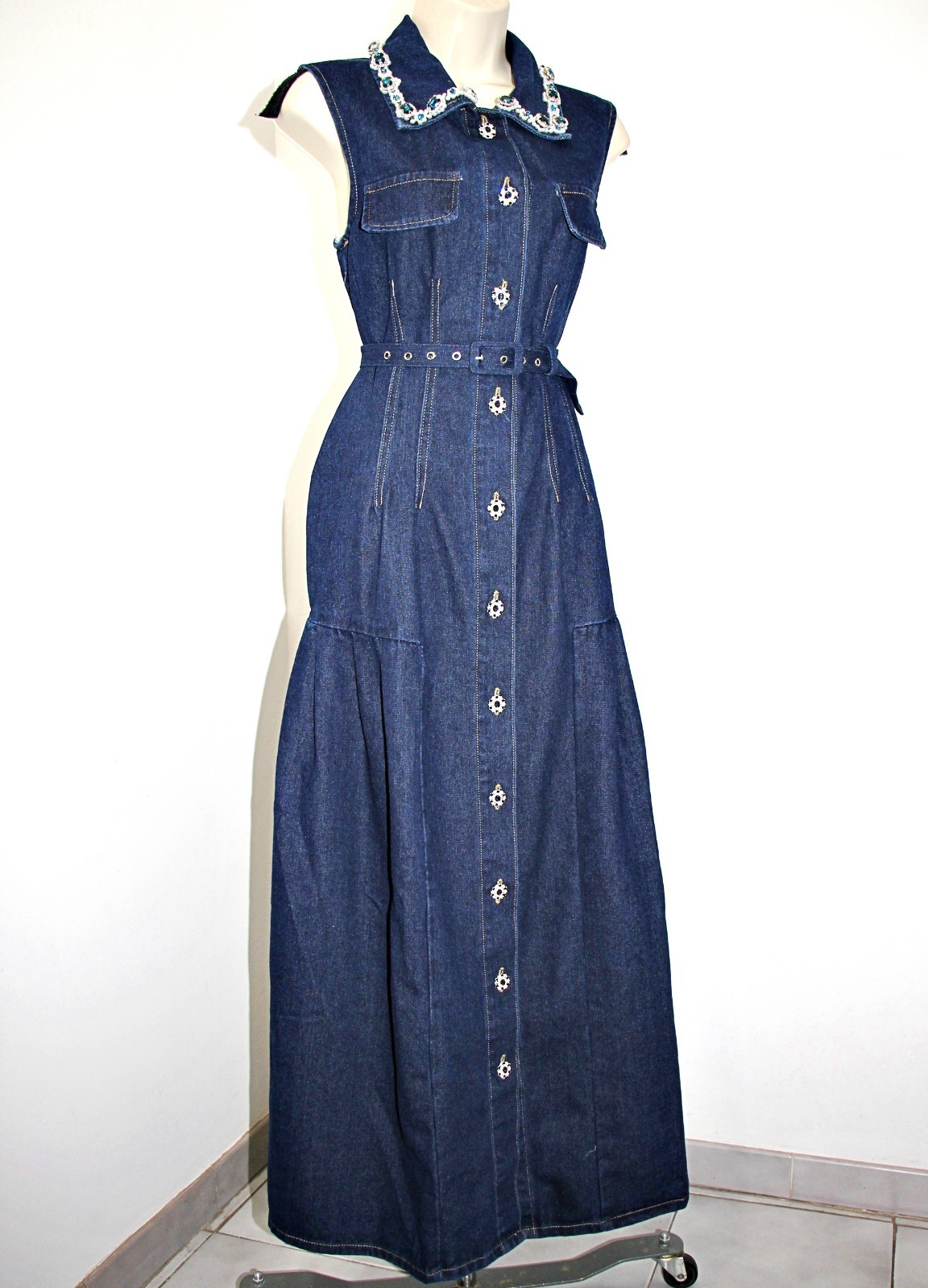Dalia MacPhee Rhinestone Embellished Belted Tiered 56″ Long Denim Shirt Dress M