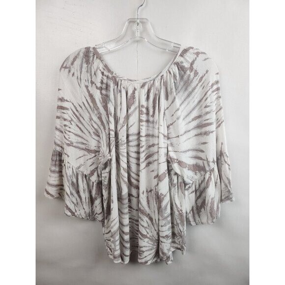 Lovestitch Womens BOHO Top Medium Beige White Tie Dye Bell Sleeve Cottagecore