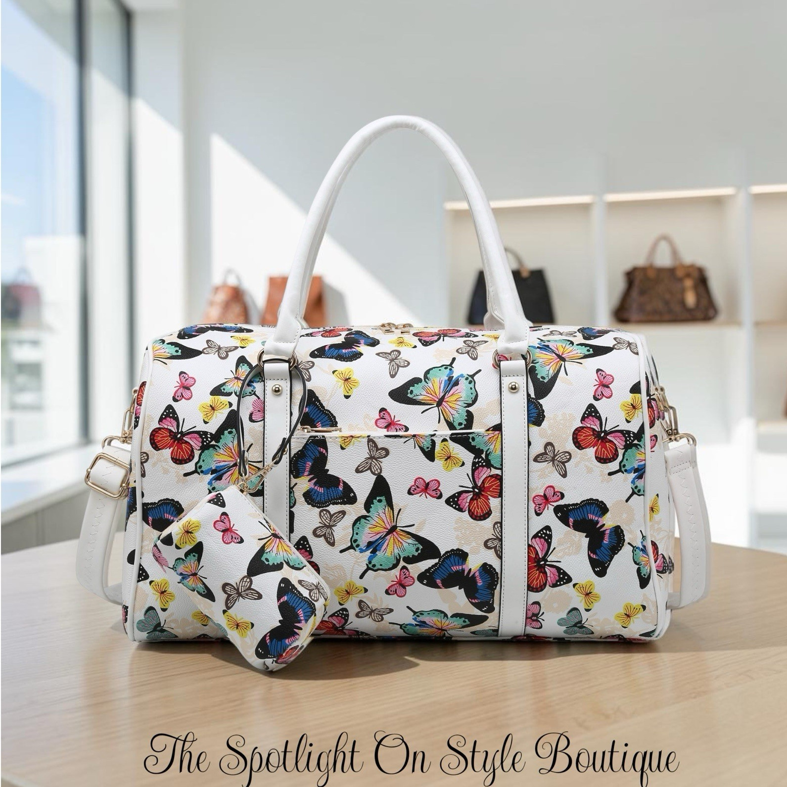 women’s large multicolor butterfly floral satchel duffle bag w/ detachable strap