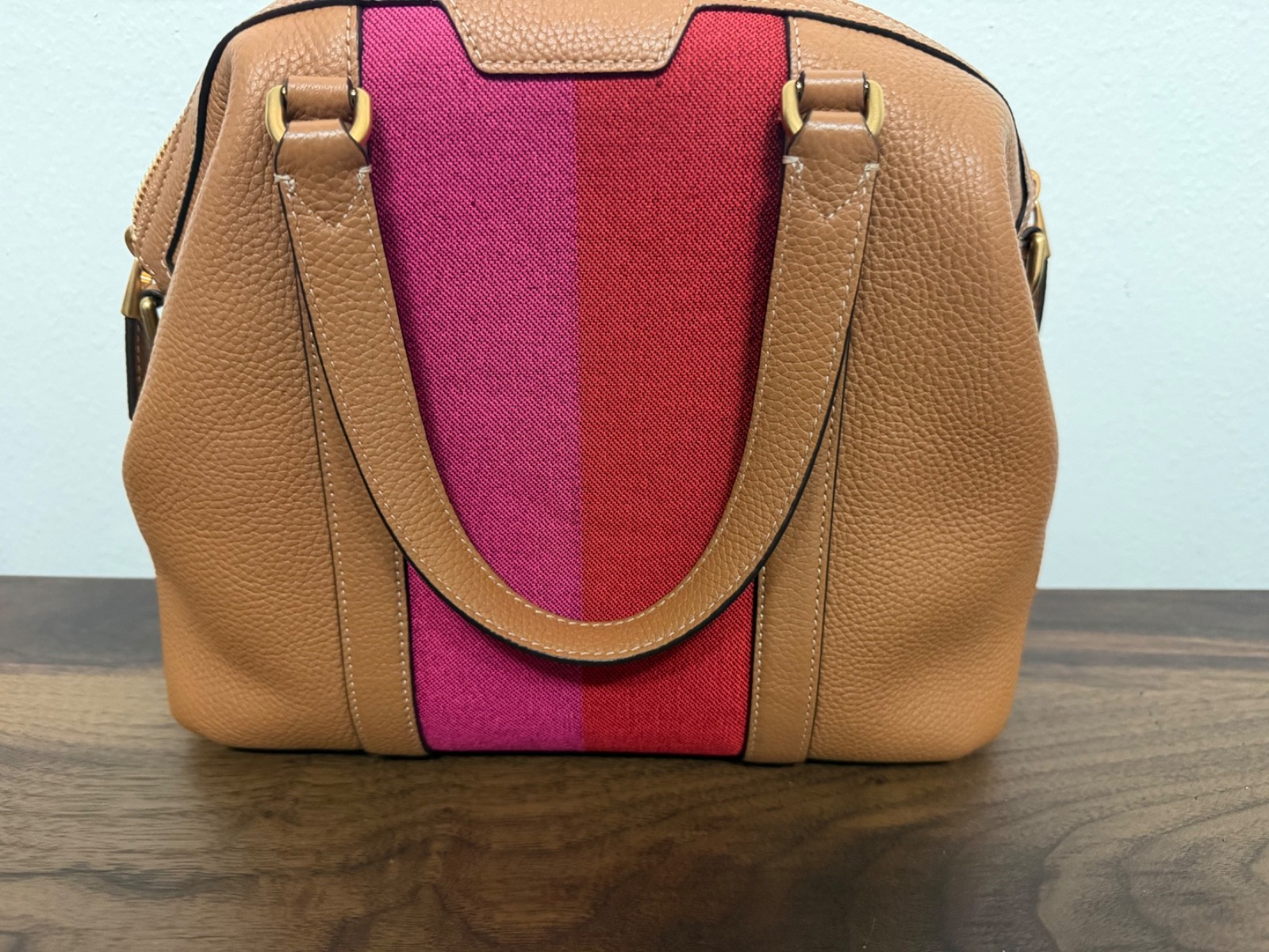 kate spade shoulder handbag tan with red and pink stripes