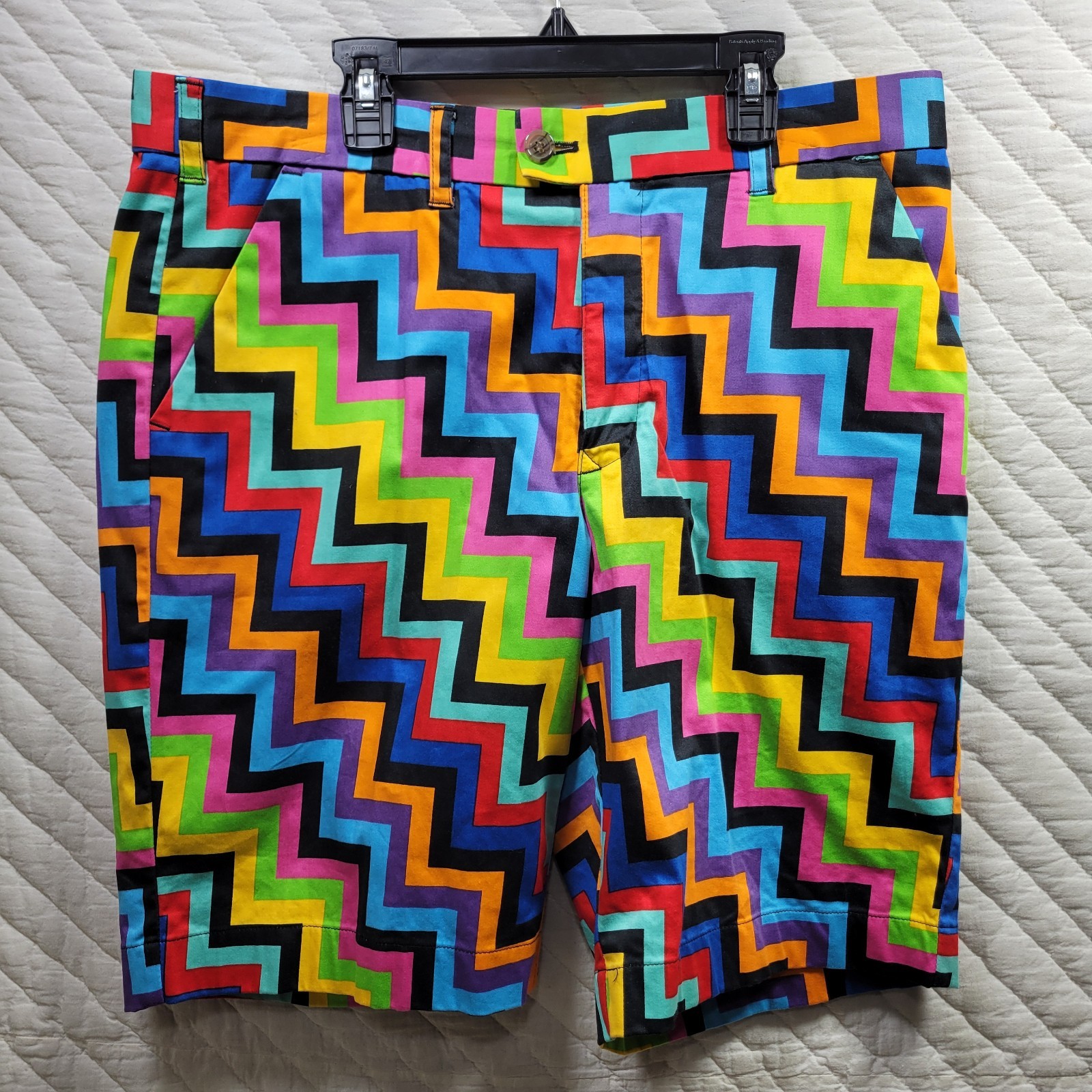 Loudmouth Men’s Golf Shorts Flat Front Sz 34 Neon Zig Zag Multi Color FUN