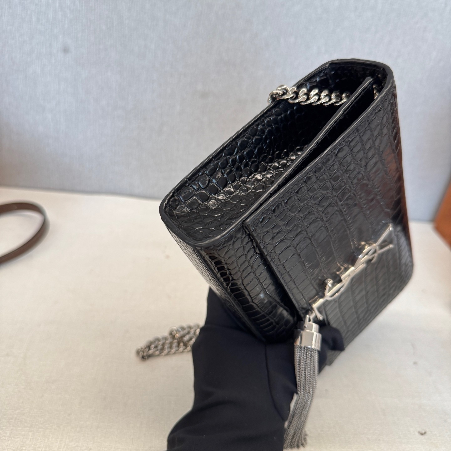 Saint Laurent Kate Small Black Croc Embossed Cowhide Crossbody Bag US Ship