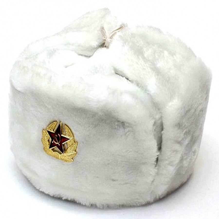 Authentic Russian White Ushanka Hat w/ Soviet Red Army Badge